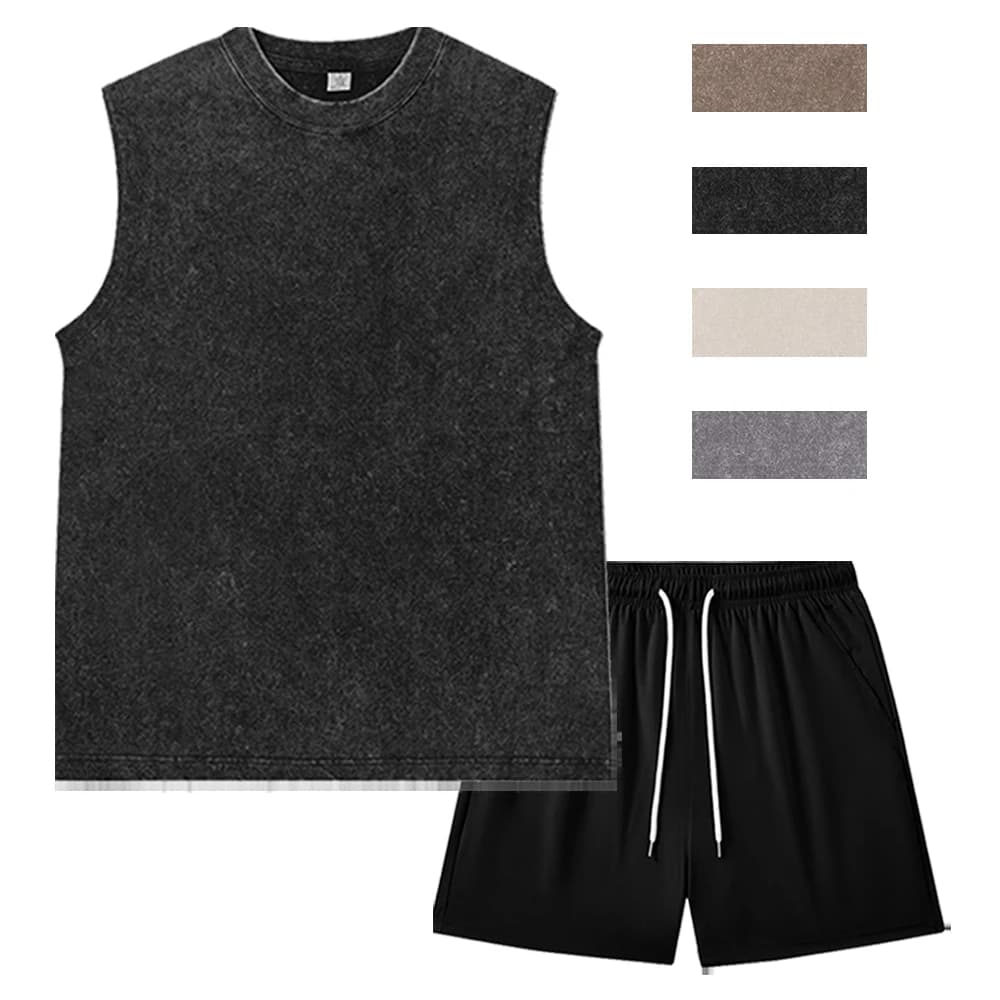Complete Summer Unisex Vintage with Canotta and Shorts Washed, Casual Street Clothing, Top Sleeveless Black and Jogging Shorts
