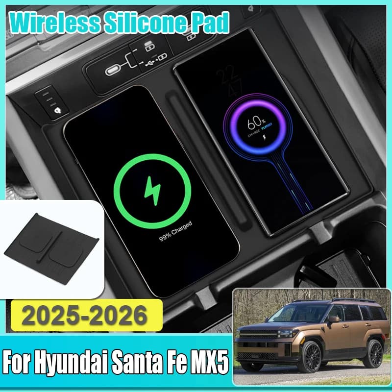 Tappetino di ricarica wireless in silicone per auto per Hyundai Santa Fe MX5 Accessori 2024 2025 2026 Tappetino di controllo centrale per auto di ricarica wireless