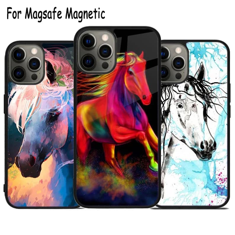 Cover per telefono con ricarica wireless a tema Cavallo Astratto per iPhone 17 Air 15 16 16e 14 13 11 12 Pro Max Plus, Cover Magnetica Magsafe con Bumper