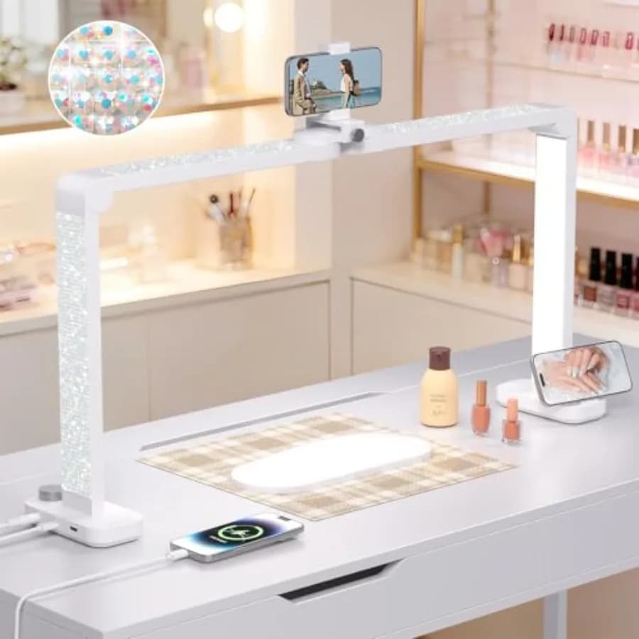Lampada a Mezzaluna per Tavolo da Manicure, Grande Lampada Quadrata da 34 Pollici con Supporto per Telefono, Lampada LED Professionale da Scrivania per Manicuristi