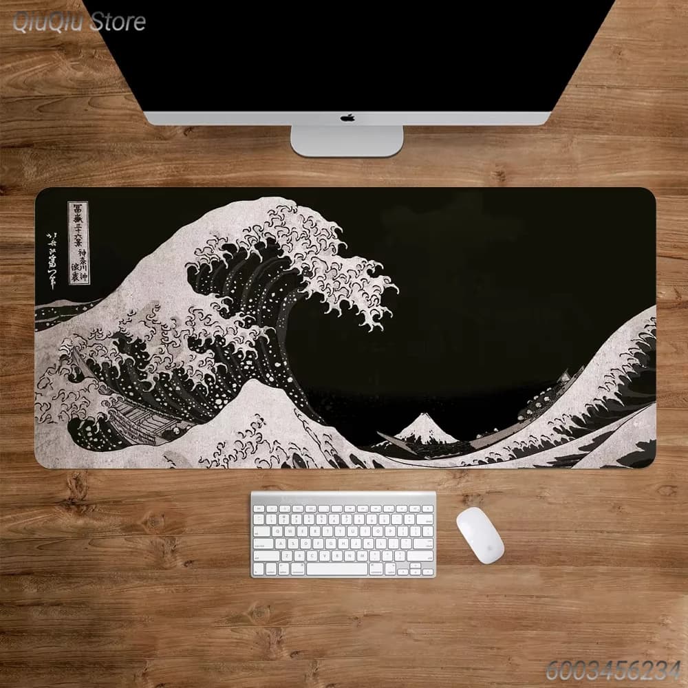 1PC Black The Great Wave Off Kanagawa Print Large Lock Edge Non-Slip Rubber Desk Mat for Gaming Office