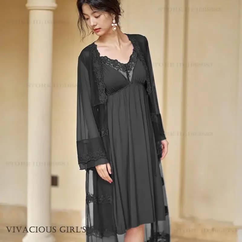 Prospect sexy lace sweater Bathrobe night shirt Woman 2 pieces Pigiama nightdress Princess style dress for home Pigiama night shirt