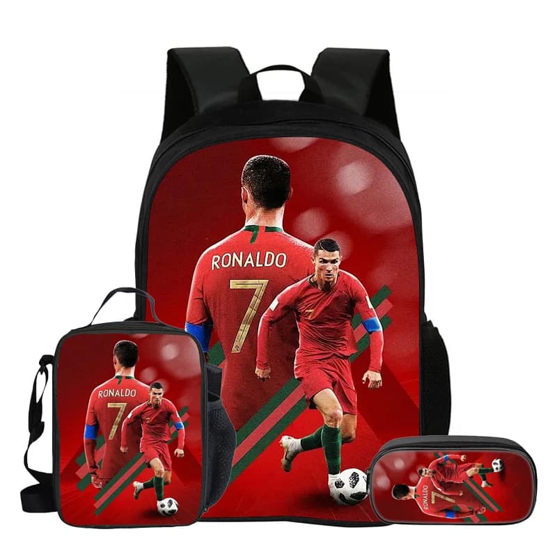 Ronaldo 3Pcs Set School Backpack Football Star Backpack Pencil Bags CR Bookbag with Lunch bag Knapsack Best Gift