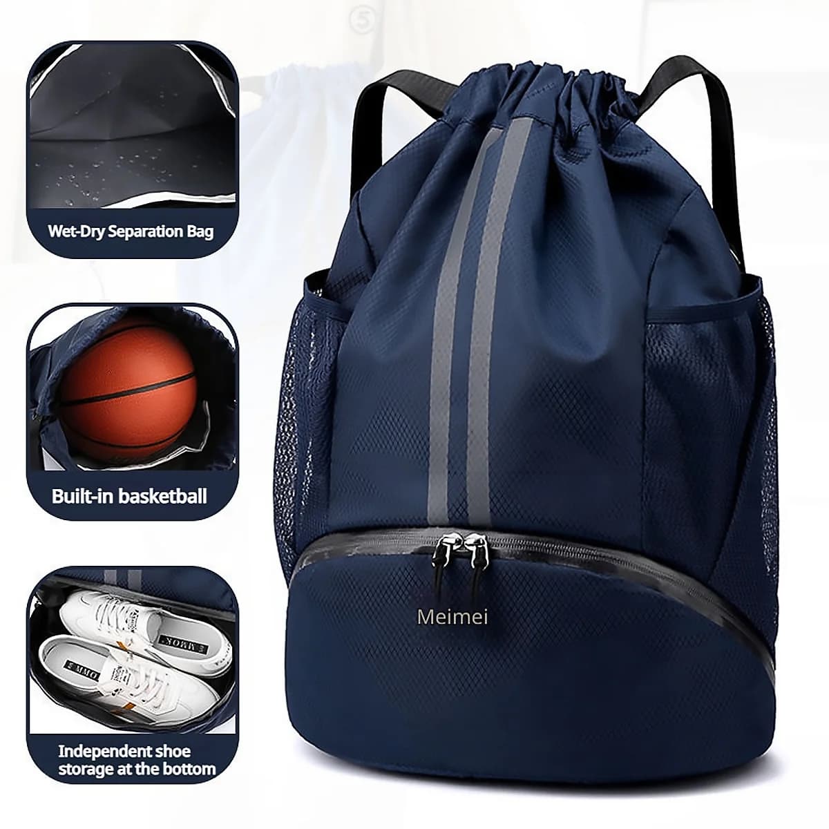 Multifunctional Sports Drawstring Backpack Large Capacity with Dry Wet Separation & Shoe Compartment for Basketball Swimming bag