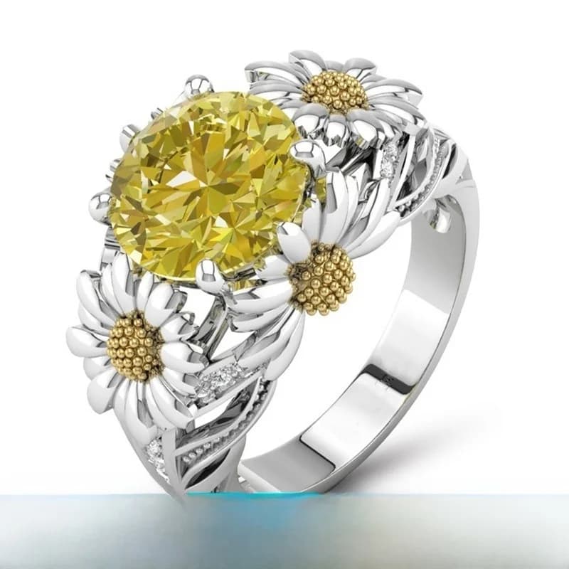 Anello di Lusso in Cristallo Polysutt alla Moda con Diamanti Incastonati a Forma di Girasole, Disponibile in Due Colori, Gioiello Placcato Oro