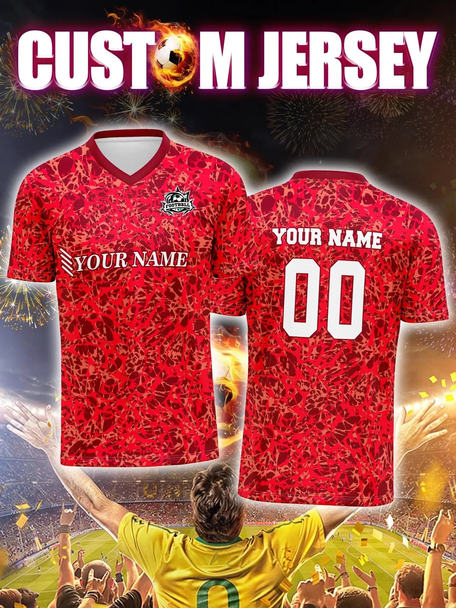 Customized football jersey with image, number and custom name, fashionable and cool streetwear football clothing.