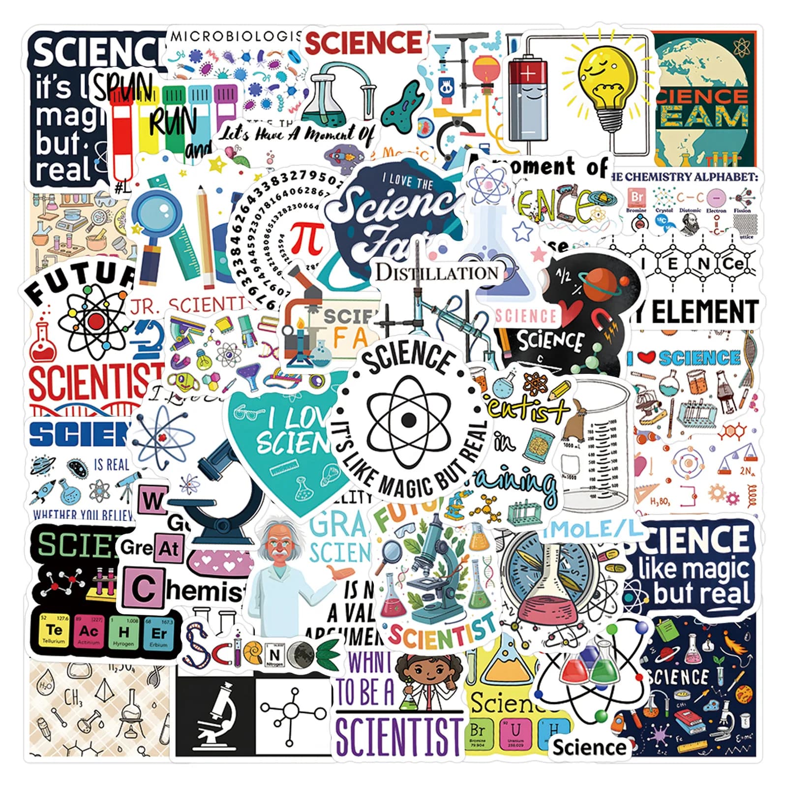 50Pcs Science Fair Stickers Chemistry Laboratory Decals For Laptop Scrapbook Luggage Guitar Helmet DIY Graffiti Stickers