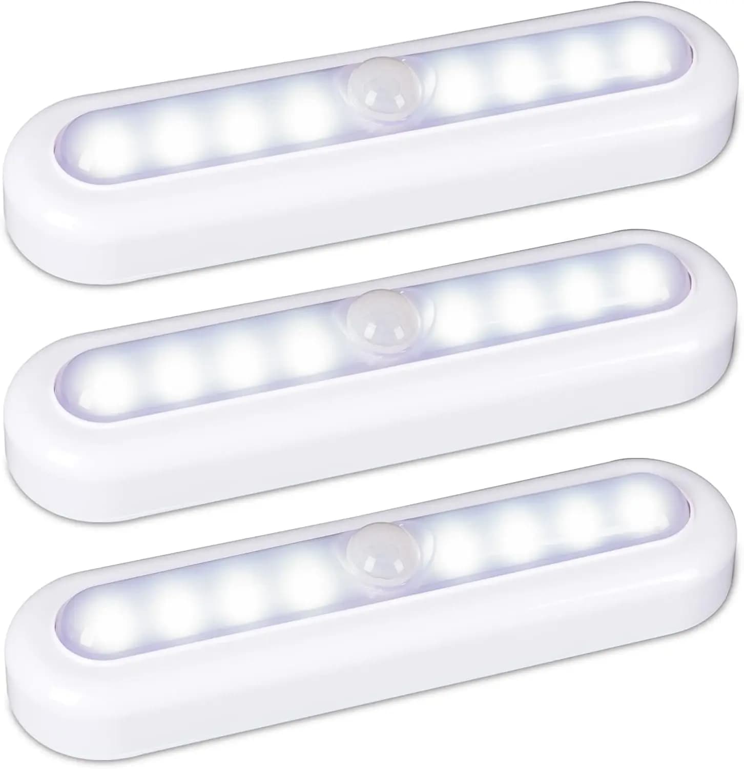 Confezione da 3 luci LED con sensore di movimento, alimentate a batteria, adesive per armadi, scale, mobili, bianco freddo