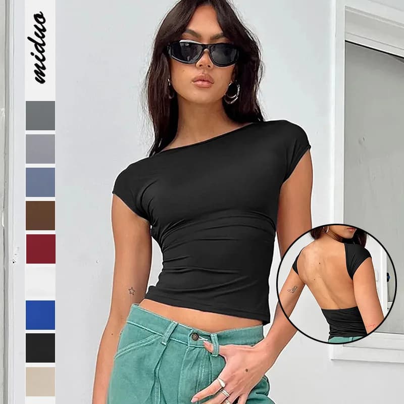 2025 Estate Nuove Donne di Modo Magliette e camicette T-Shirt Y2K Sexy Backless Confortevole Traspirante a Maniche Corte Slim-Fit Abbigliamento Donna