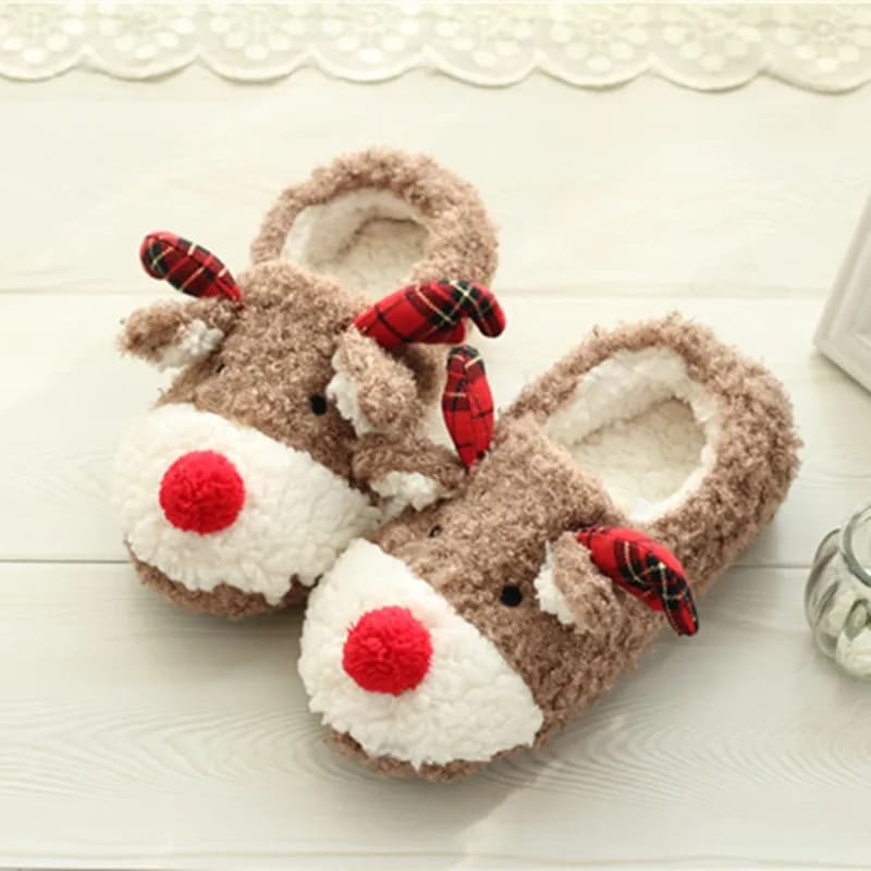 Christmas Reindeer Plush Slippers Women Winter Warm Furry Home Slippers Closed‑Toe Non‑Slip Indoor House Shoes Xmas Holiday Gift