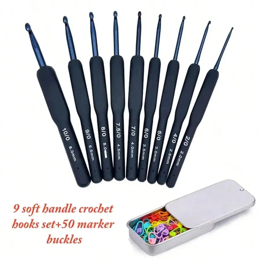 9Pcs Blue Soft Handle Crochet Set With Stitch Markers 2-6mm Ergonomic Crochet Hook Soft Crochet Needle Crochet Kit for Beginners