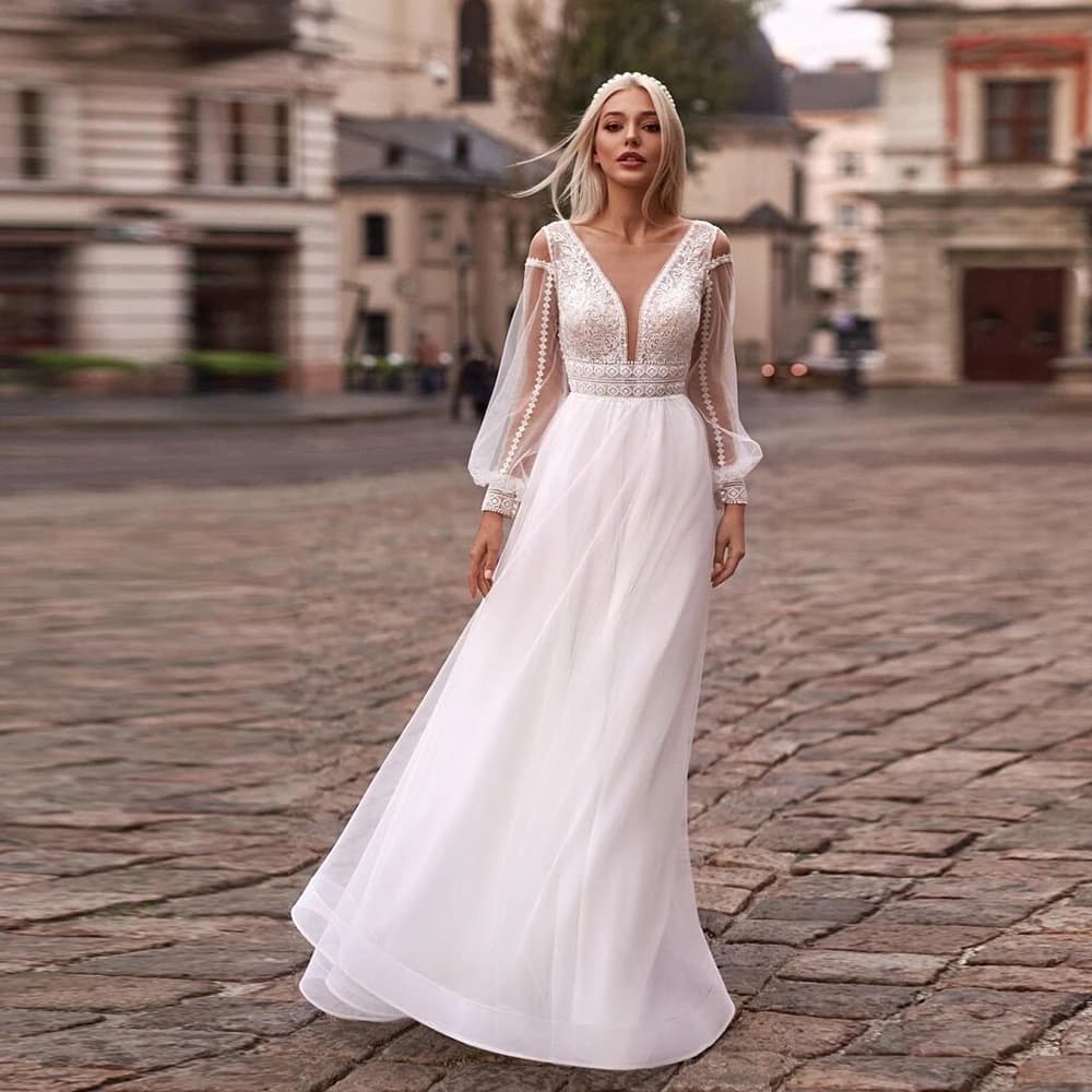 Simple V Neck Wedding Dresses with Lace 2025 A Line Bridal Gowns for Ladies Full Sleeve Soft Tulle Vestido De Novia 2025 Summer