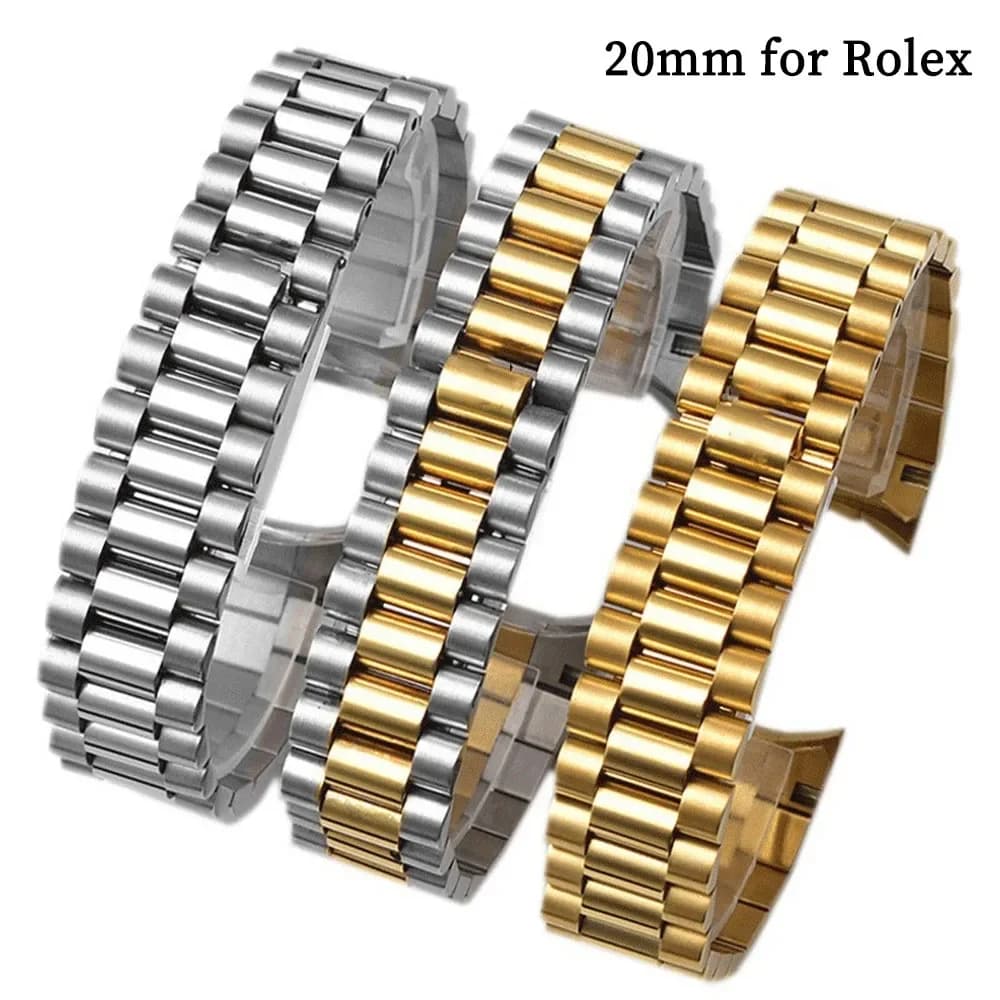 Curved End Solid Stainless Steel Watch Band 20mm Metal Bracelet for Rolex Water Ghost Strap Folding Buckle Wristband Accessories