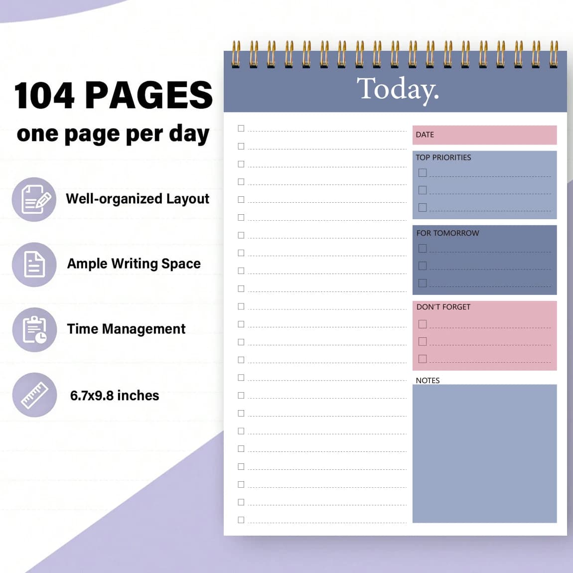 Agenda Giornaliera con Rilegatura a Spirale, 104 Pagine, Quaderno Non Datato per Lista delle Cose da Fare, 6,7 X 9,8 Pollici