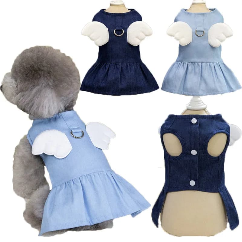 Vestiti per cani Chiaro/Blu Profondo Denim Cucciolo Vestiti Estivi Ali Decor Abbigliamento Abiti per cani Abbigliamento Pettorina per cani Vestiti Vestito per ragazze
