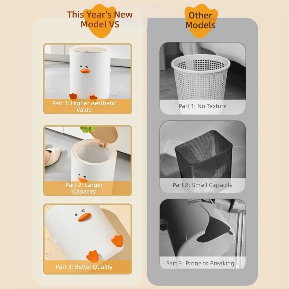 Pattumiera con stampa di anatre in stile moderno, design divertente con coperchio, cestino per rifiuti, cestino per rifiuti in plastica bianca per ufficio