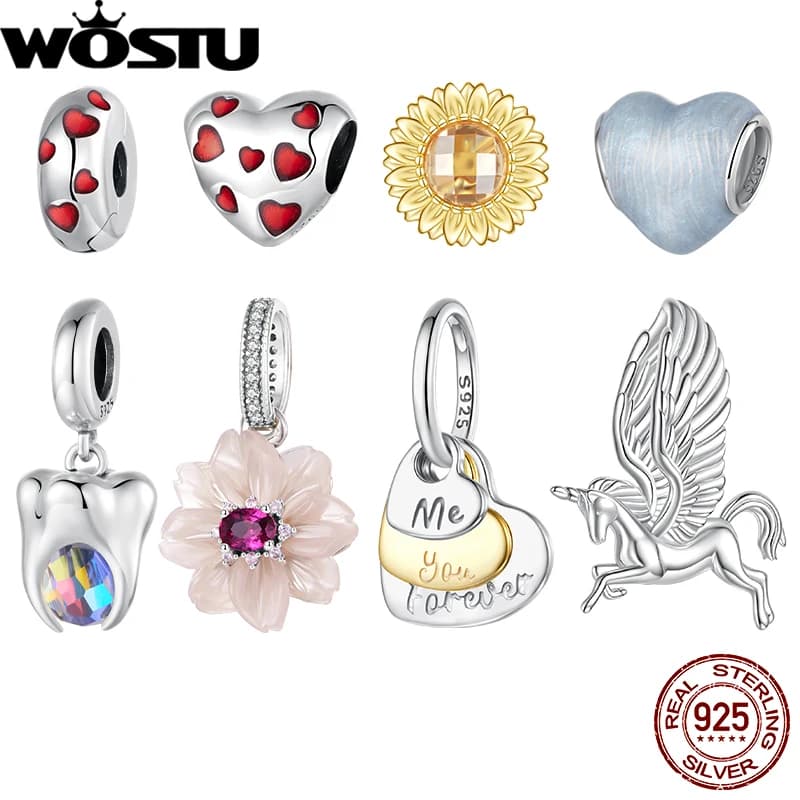 WOSTU 925 Sterling Silver Heart Charm Sunflower Unicorn Tooth Pendant Love Cute Original Fit for Women Bracelet DIY Fine Jewelry