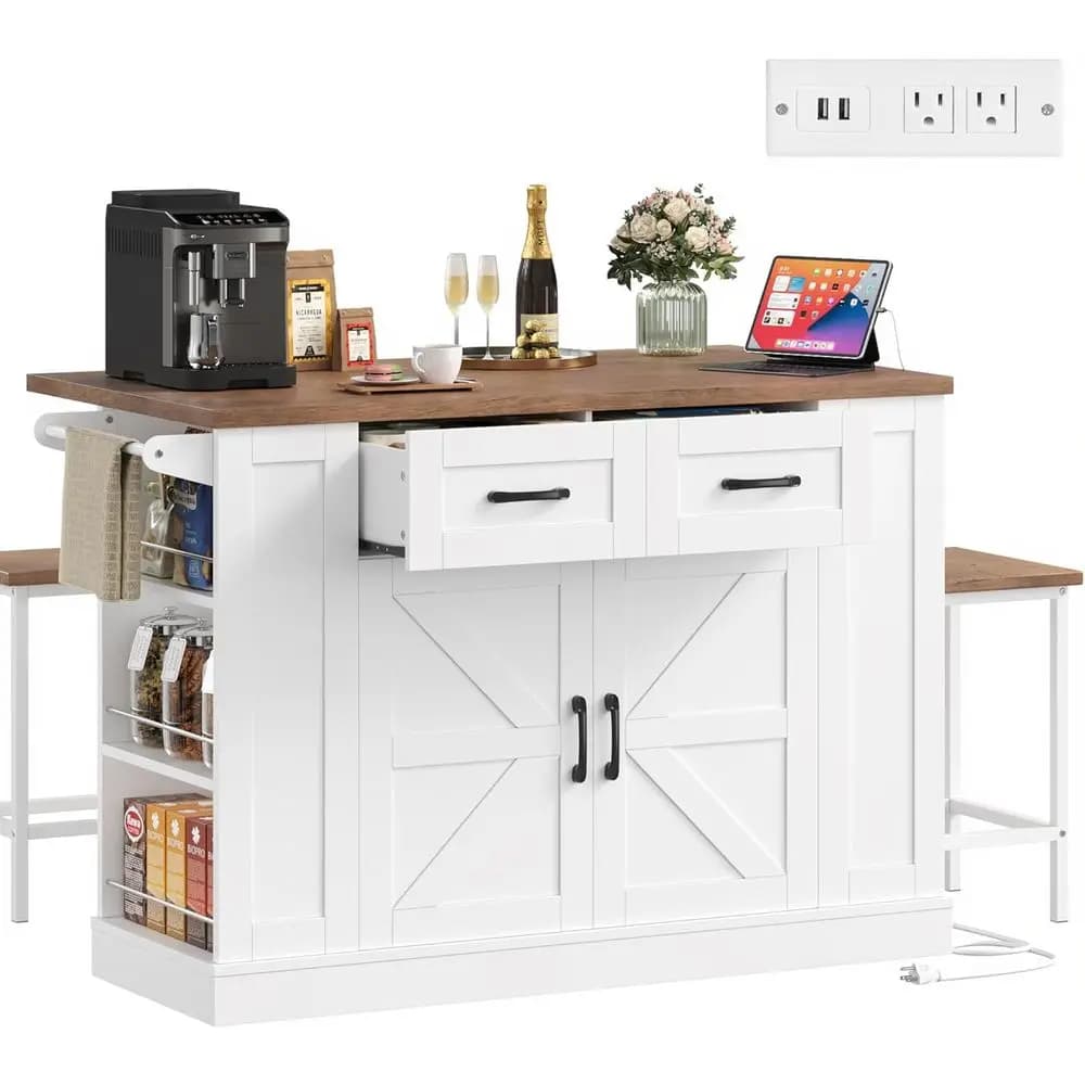 Isola da Cucina Mobile 51.2 con 2 Sgabelli, Piano Ribaltabile, Presa di Corrente, Ripiano Portaoggetti e Portasciugamani, Bianca