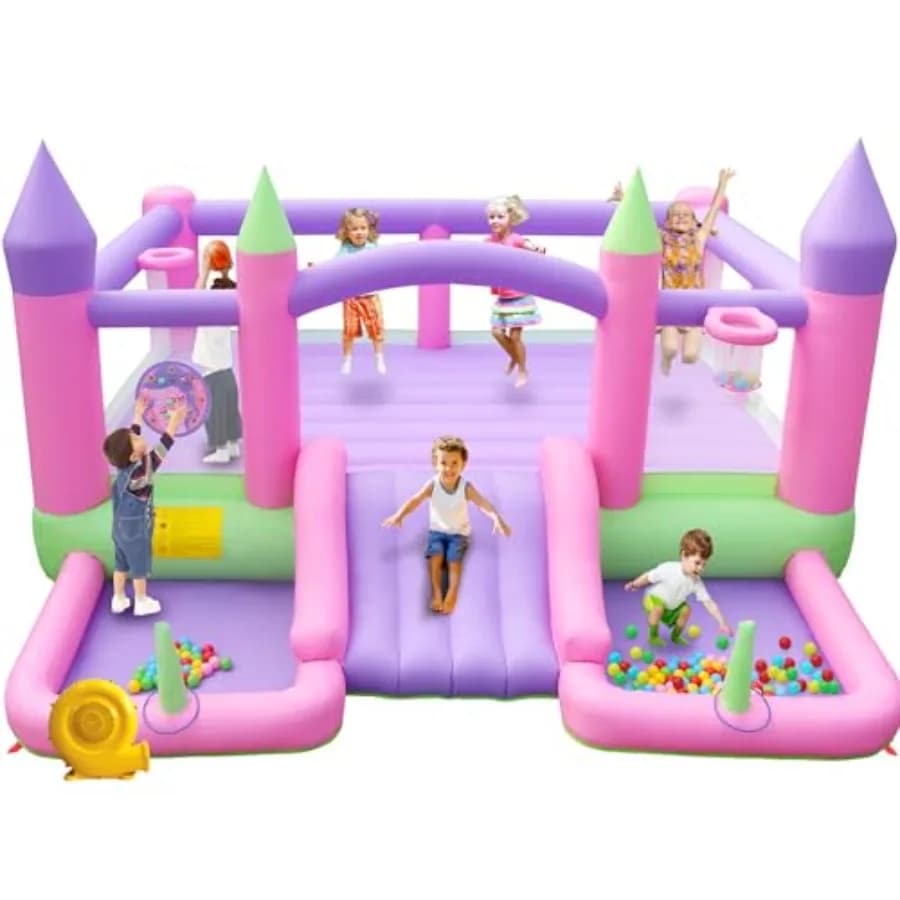 Castello gonfiabile per bambini dai 3 ai 12 anni, 4,5 m x 4,5 m, 7 in 1 con scivolo, 2 vasche di palline, 2 palloni da basket, 2 giochi di lancio dell'anello
