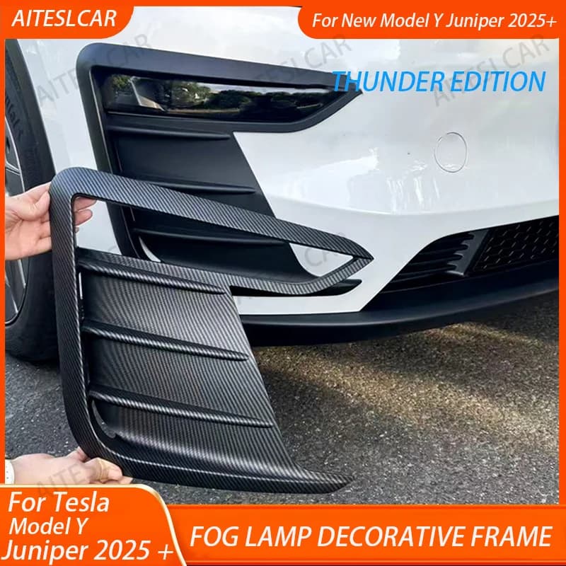 For the New Tesla Model Y Juniper 2025 2026 + Black Polished / Appearance Carbon Auto bumper Front Fendinebbia Frame Spoiler Decoration Body Kit