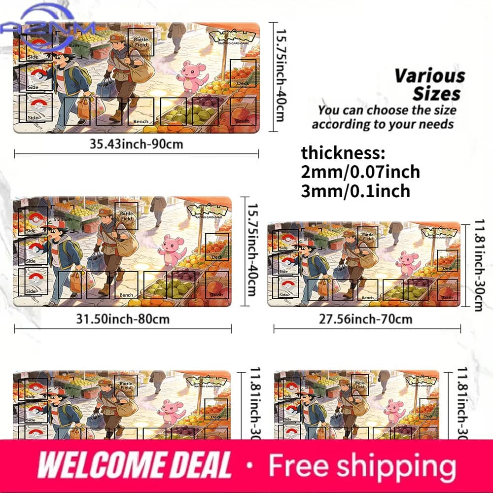 Tappetino da Gioco TCG Pokemon Ash Market Scene, Tappetino per Gioco di Carte Collezionabili Anime con Zone, Tappetino Antiscivolo da 2mm/3mm per CCG MTG