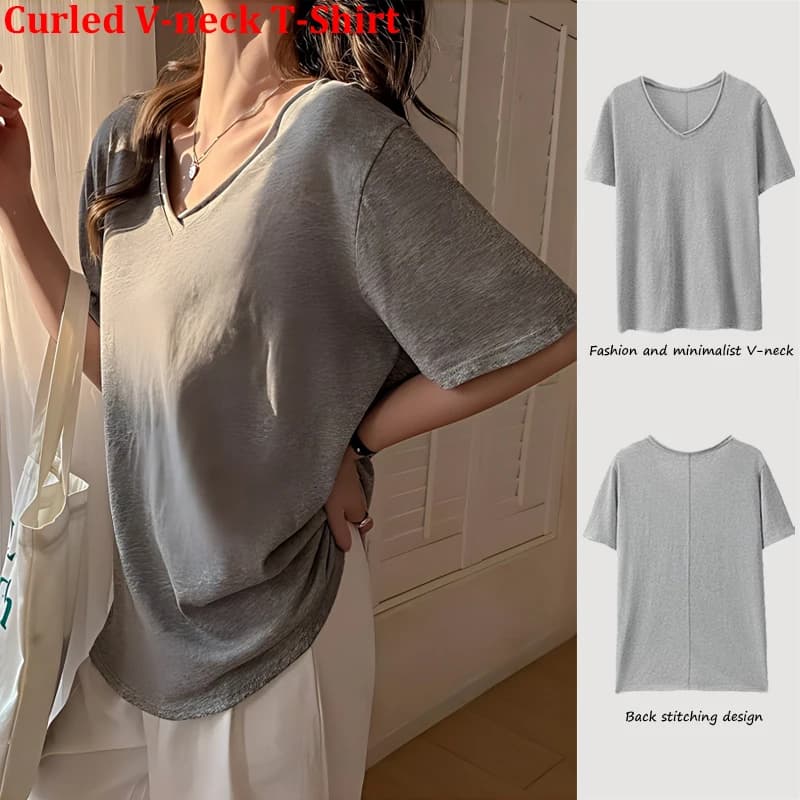 T-shirt estive da donna con scollo a V arricciato, comode, casual, coreane, a maniche corte, traspiranti, morbide, per l'ufficio, streetwear, top basic.