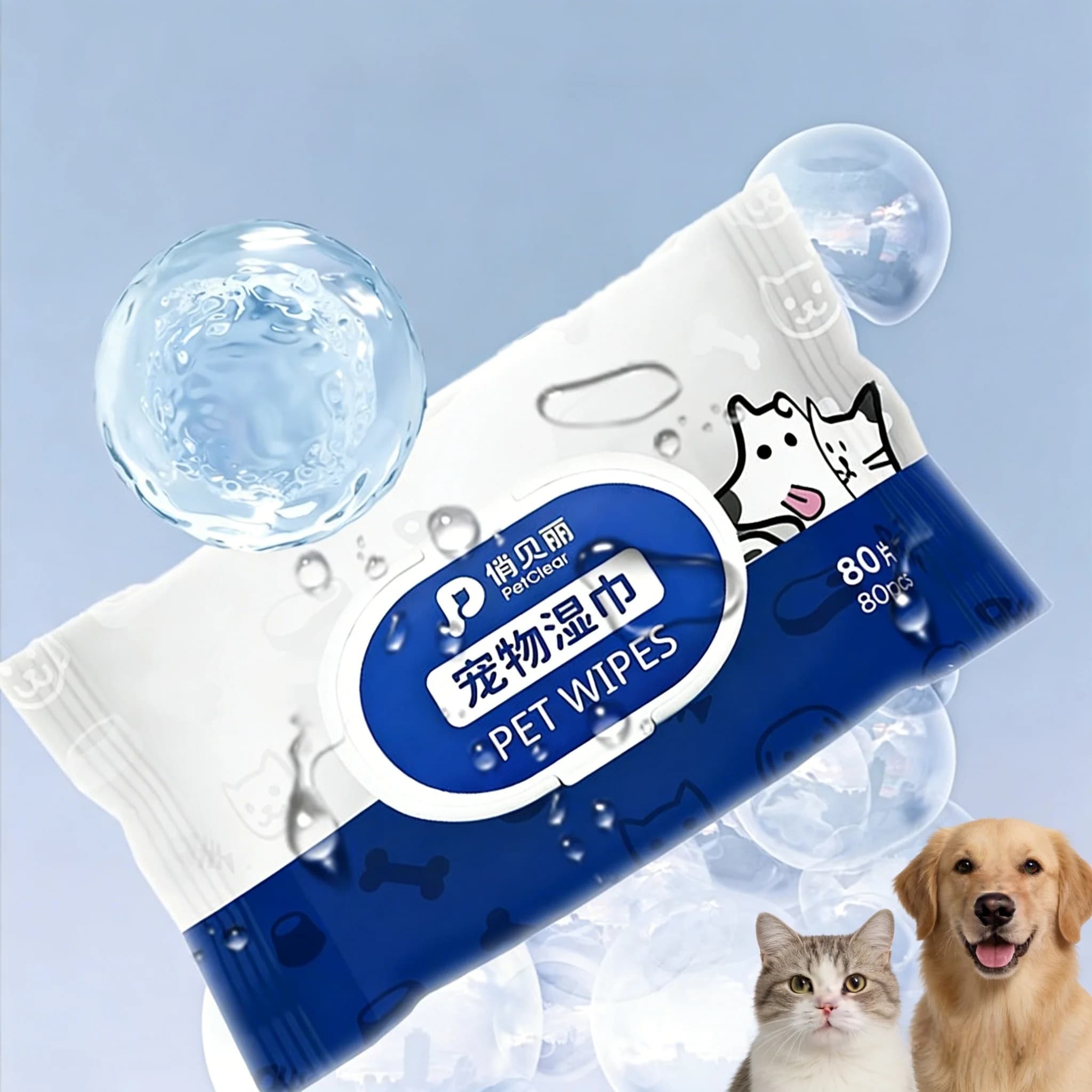 PETCLEAR 80pz Salviette Senza Risciacquo per Cani e Gatti, Salviette Deodoranti per il Bagno, Salviette Usa e Getta per la Toelettatura di Cani e Gatti, Prodotti per la Pulizia degli Animali Domestici