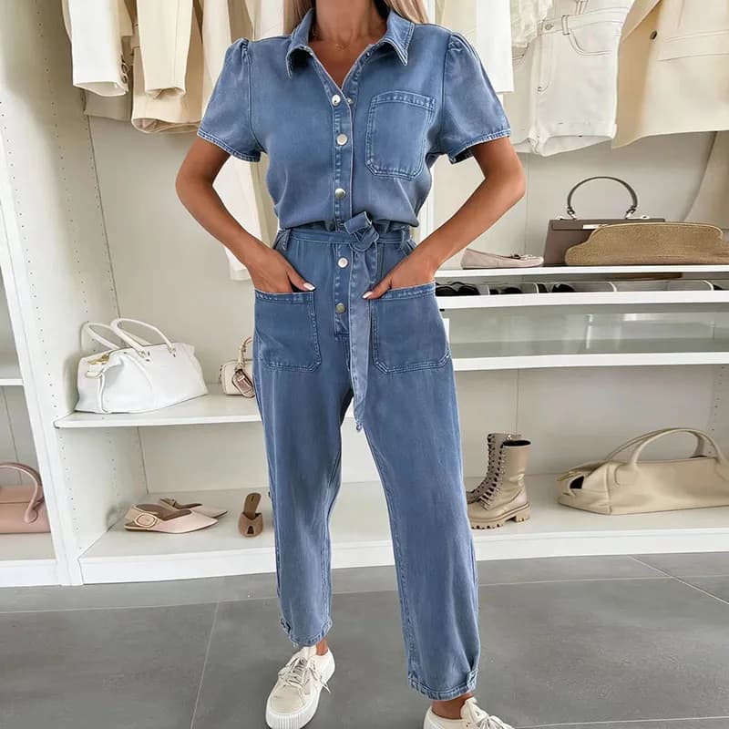Tuta Lunga da Donna in Jeans con Bottoni, Stile Casual, Sottile, con Risvolto e Laccetti, Collezione 2026