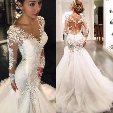 Abiti da sposa eleganti personalizzati a sirena a maniche lunghe Sheer Robe De Mariee Illusion Back Abiti da sposa su misura
