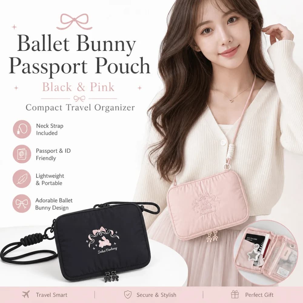 Portable Hanging Travel Neck Pouch Mesh Ballet Rabbit Passport Holder Lightweight Makeup Storage Bag Outdoor