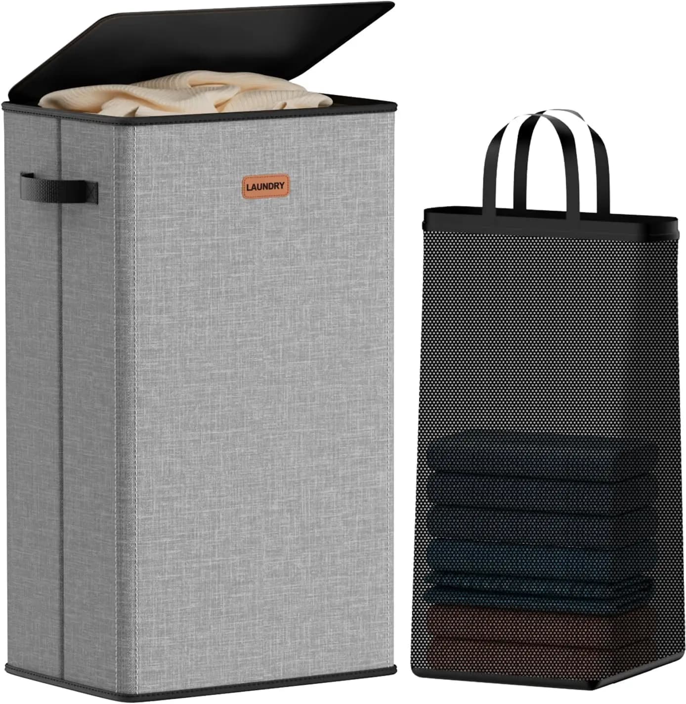 Cesto portabiancheria da 100 litri con coperchio, grande cesto per vestiti con sacca rimovibile, cesto pieghevole per bagno, camera da letto, dormitorio, grigio