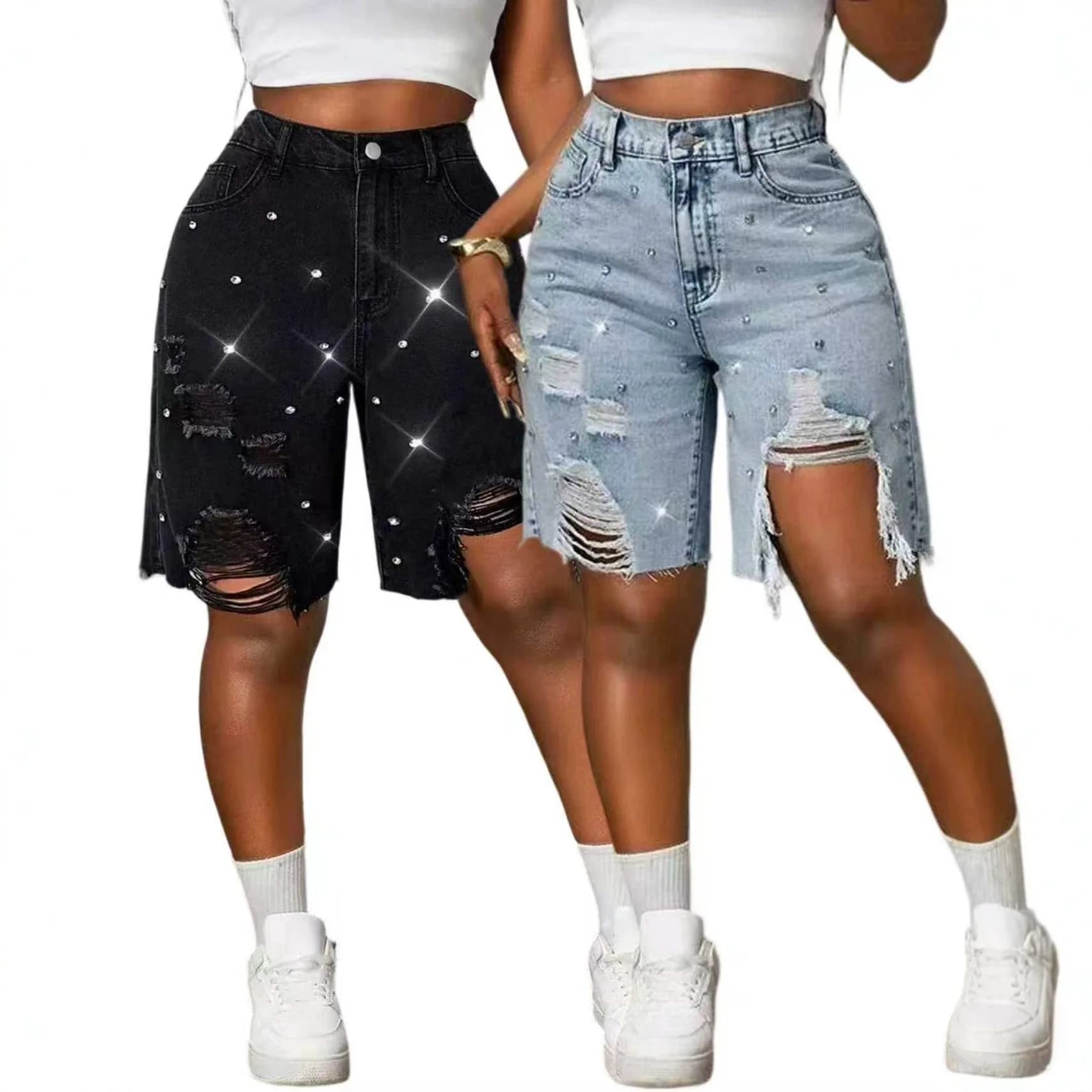 Summer Women's Loose Cut Nail Beads Diamond Solid Color High Waisted Baggy Jeans Shorts