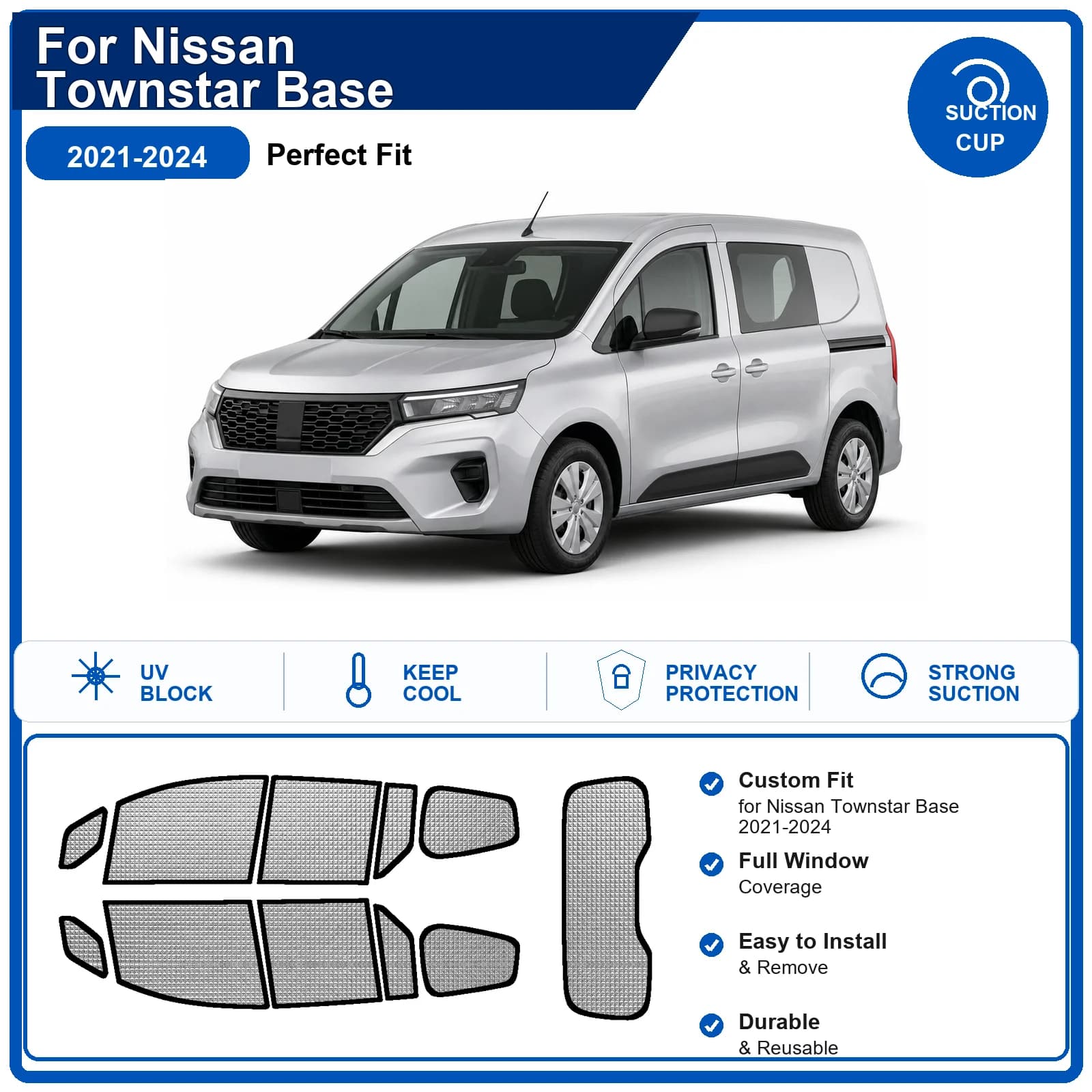 For Nissan Townstar Base 2021-2024 Custom Full Set Windshield Sun Shade Aluminum Foil Heat Insulation Anti UV Foldable