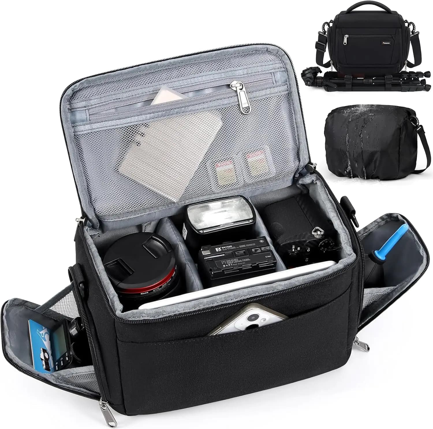 Borsa per fotocamera per SLR/DSLR/Mirrorless con divisore, supporto per treppiede, copertura antipioggia - nera
