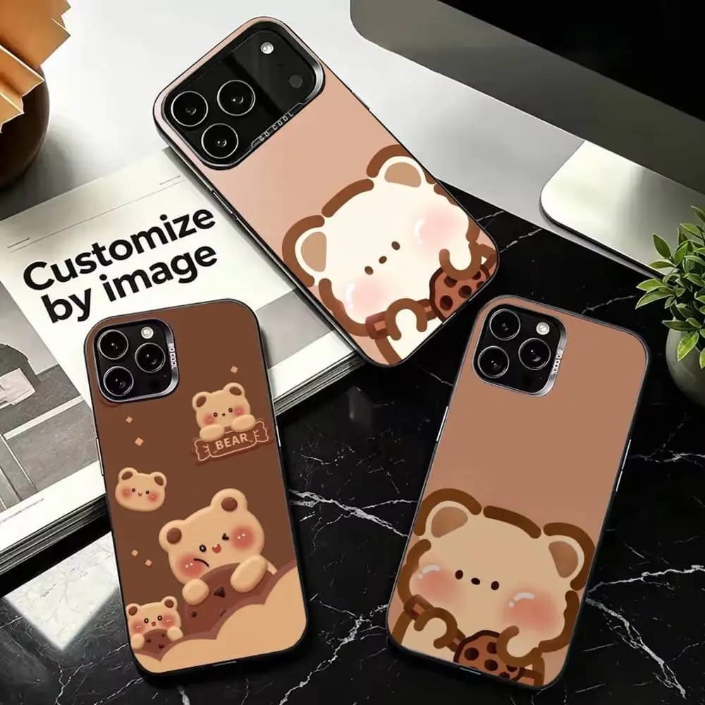 Cute Brown Teddy Bear Phone Case For iPhone 17,16,15,14,13,12,11 Plus,Pro Max,XS,Colorful Silver