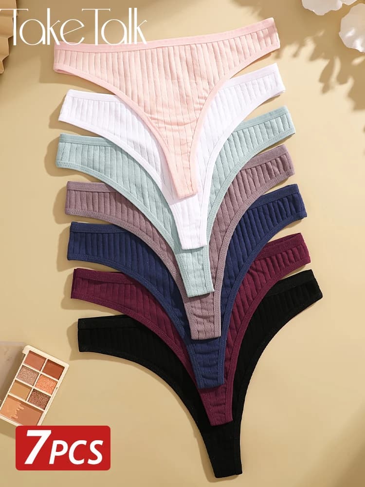 Set di 7 Perizoma Sexy in Cotone per Donne, Tanga a Costine Morbide Tinta Unita, Mutandine a Vita Bassa, Lingerie Sexy da Donna