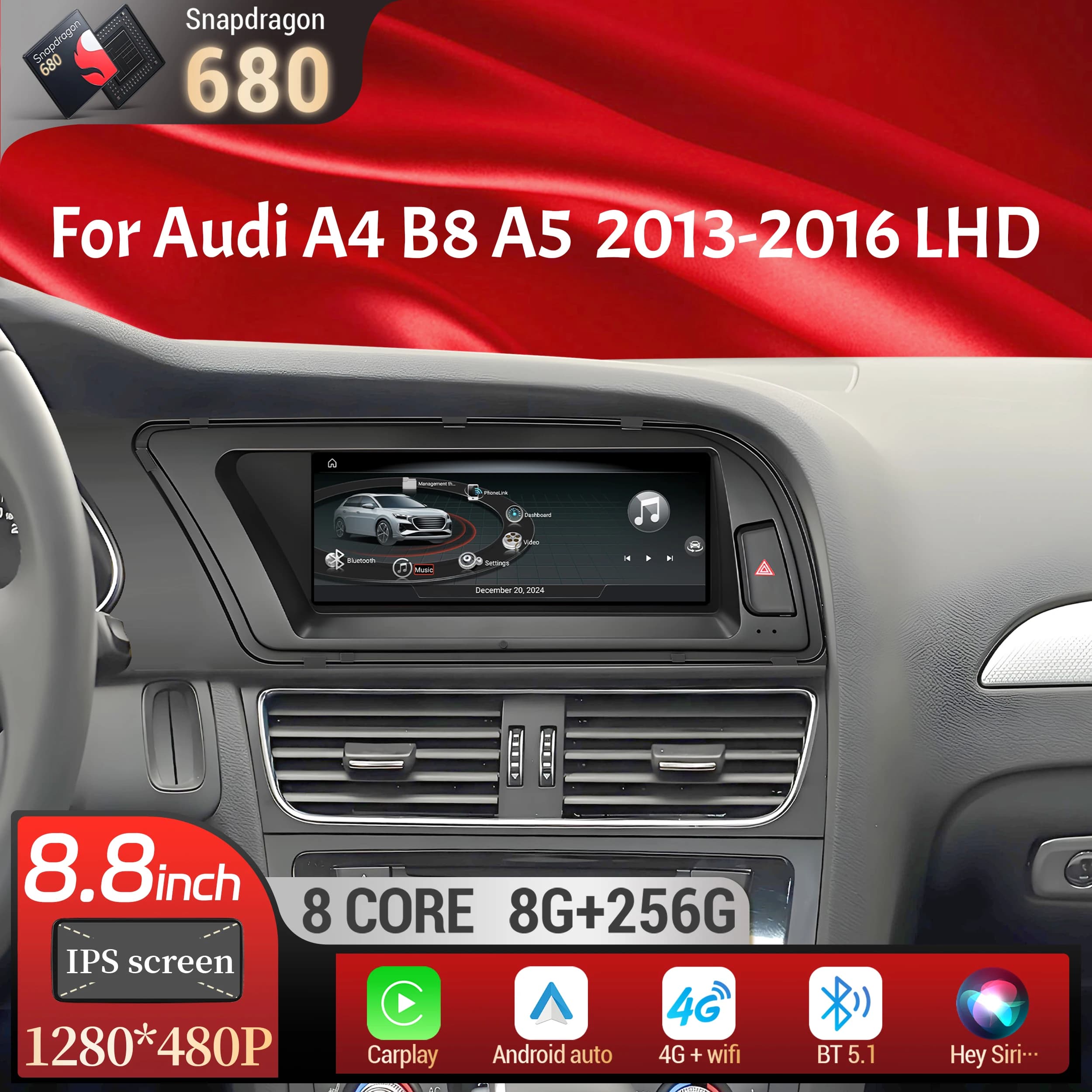 8.8 inch Left Hand Drive Android 13 For Audi A4 B8 A5 2013-2016 Car Radio Wireless Carplay Qualcomm Snapdragon 680 Touch Screen