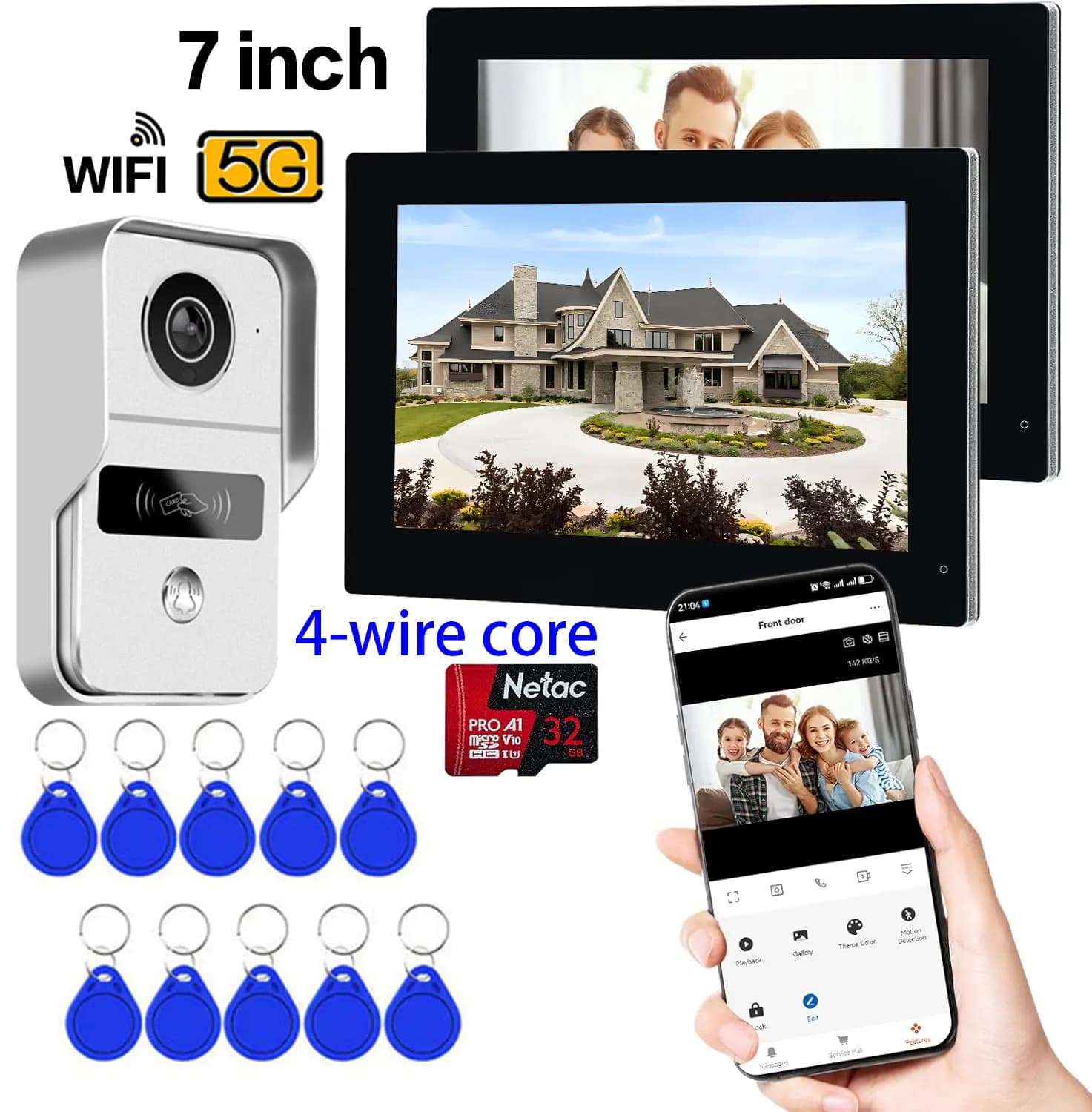 Tuya 5G Wifi Video Doorbell System 1080P Doorphone Door Camera 7 Inch 2pcs Touch Screen Video Intercom 32GB card for Home 4 Wire