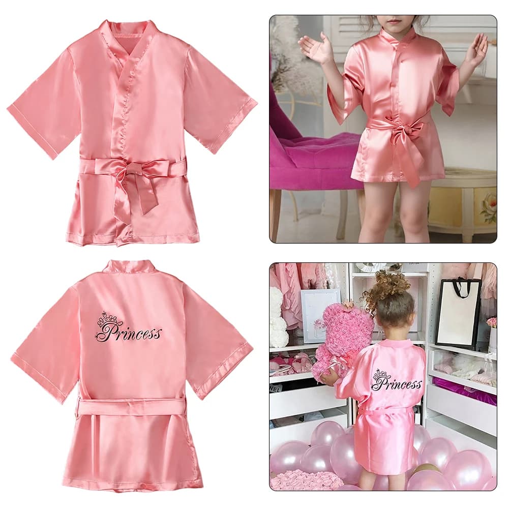 Girls Girls Pink Satins Aokrobe Princess in stile Short Kimono Abes con pigiama da sonno non slip a cinghia