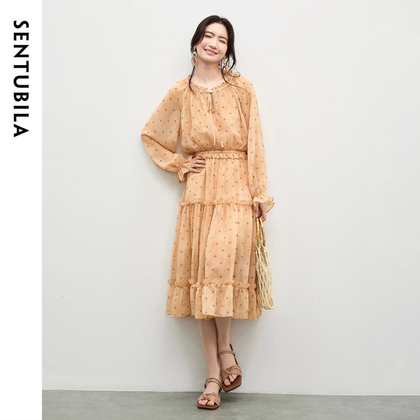 SENTUBILA Set Abito in Chiffon a Strati da Donna 2026 Primavera Stampa Floreale con Volant e Laccetti, Vestito Midi a Maniche Lunghe con Sottoveste 161LF5416