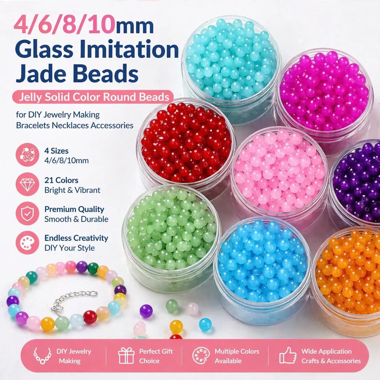 4/6/8/10mm Glass Imitation Jade Beads Jelly Solid Color Round Beads for DIY Jewelry Making Bracelets Necklaces Accessories