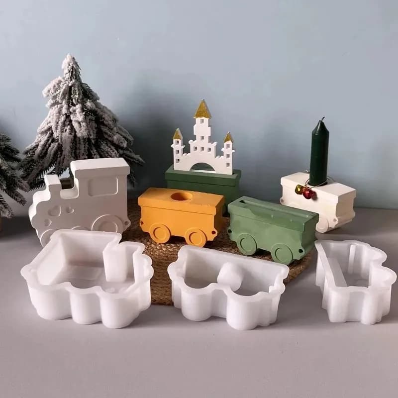 Set di 3 Stampi in Silicone Resina a Forma di Treno per Motore di Treno, Vagone Passeggeri, Portacandele, Stampi in Cemento per Regali di Compleanno, Numero Candela