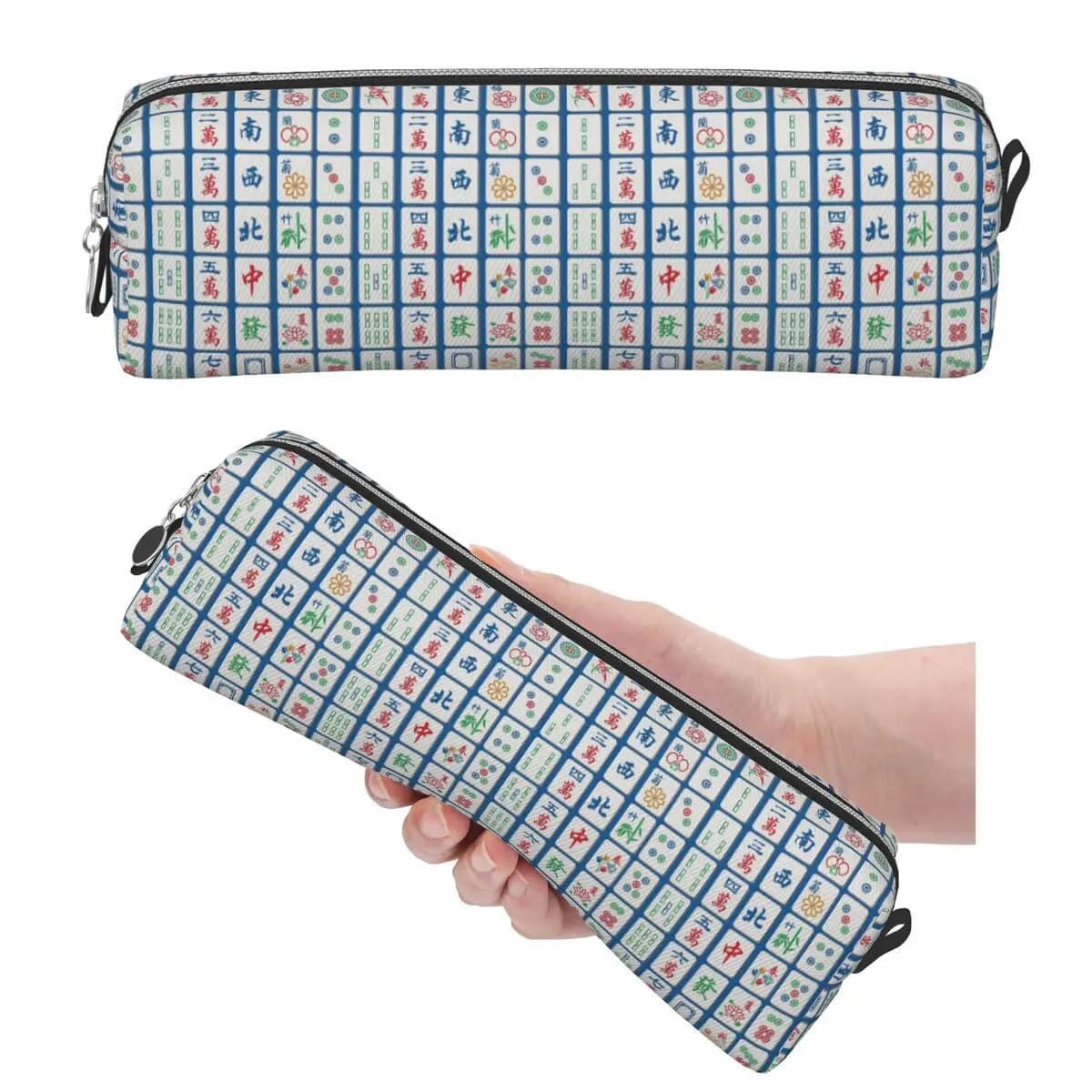 Mahjong Tiles On Blue Pencil Cases for Student School Pen Box Pencil Bag Large Storage Pencil Pouch Storage Stationery Supplies