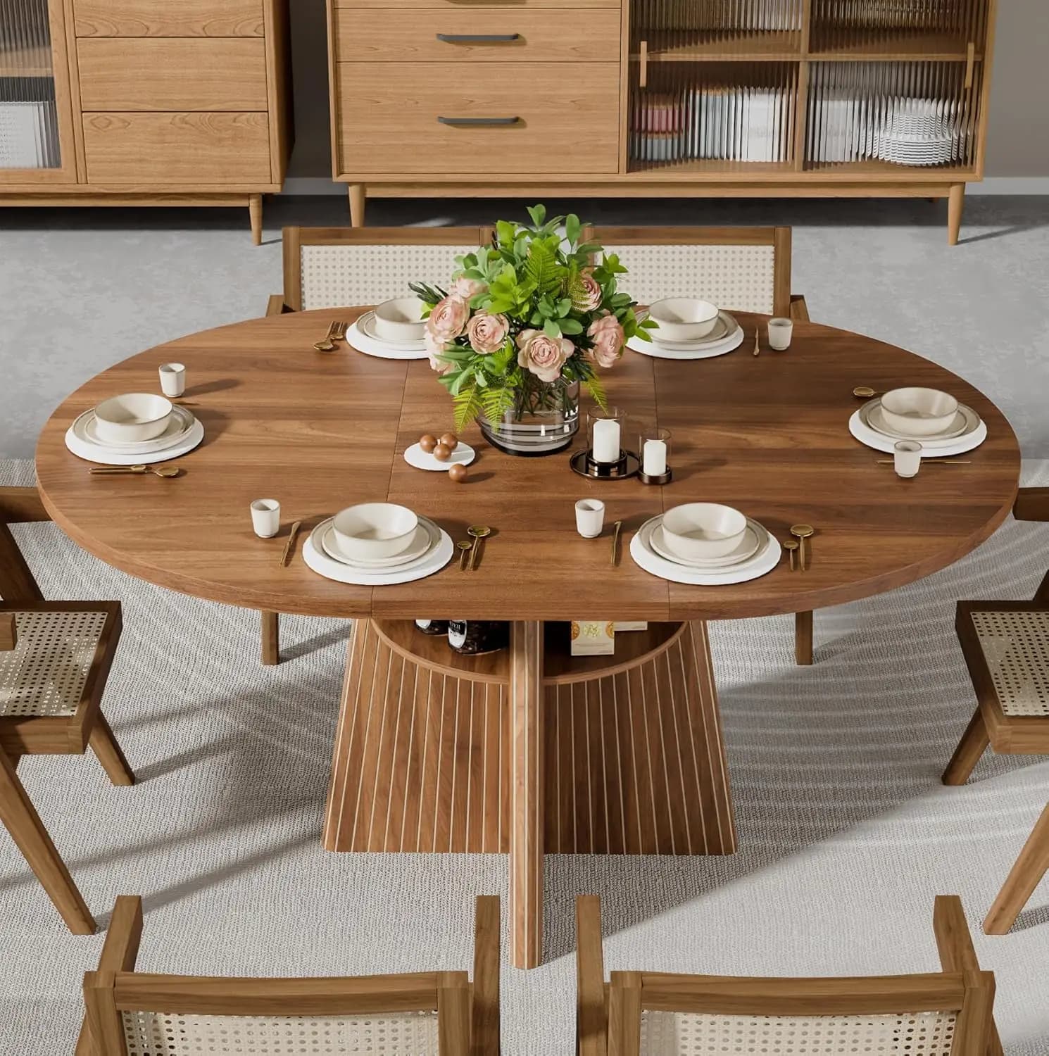 Tavolo da Pranzo Allungabile 43.3in-59in per 4-8 Persone, Tavolo da Cucina Rotondo Espandibile con Base Scanalata, Moderno Ovale, Personalizzabile