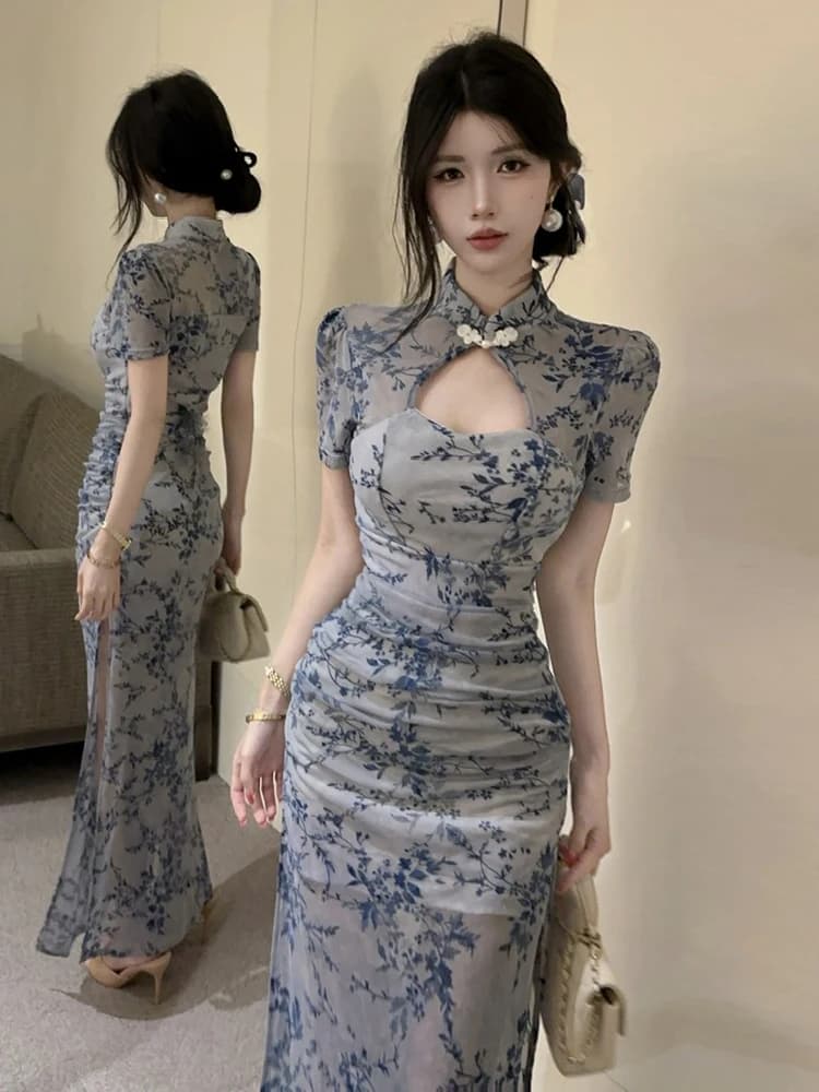 Chic Chinese Style Sexy Floral Lace Flag Dress High Waist Slimming Split Front Hollow out Short Sleeve Women's Casual Dress