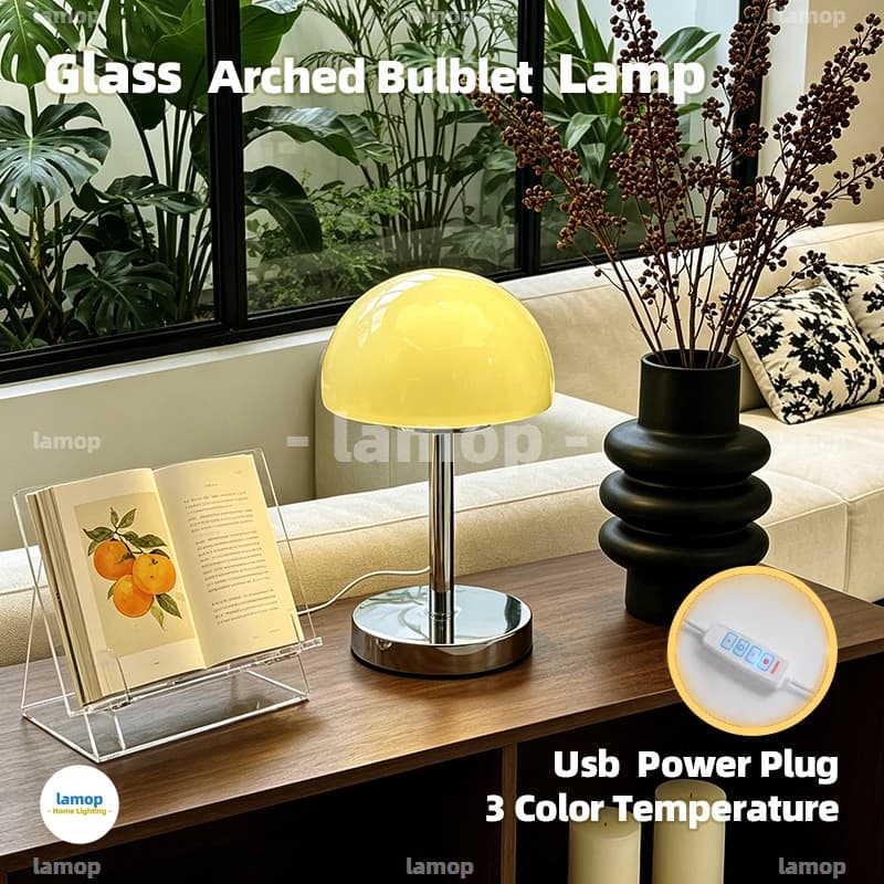 Murano Glass Vaulted Caplet Half Dome Table Lamp Chrome Thin Rod Base 3 Tone Soft Light Wabi Sabi Wood Study Desk Decor Lamp
