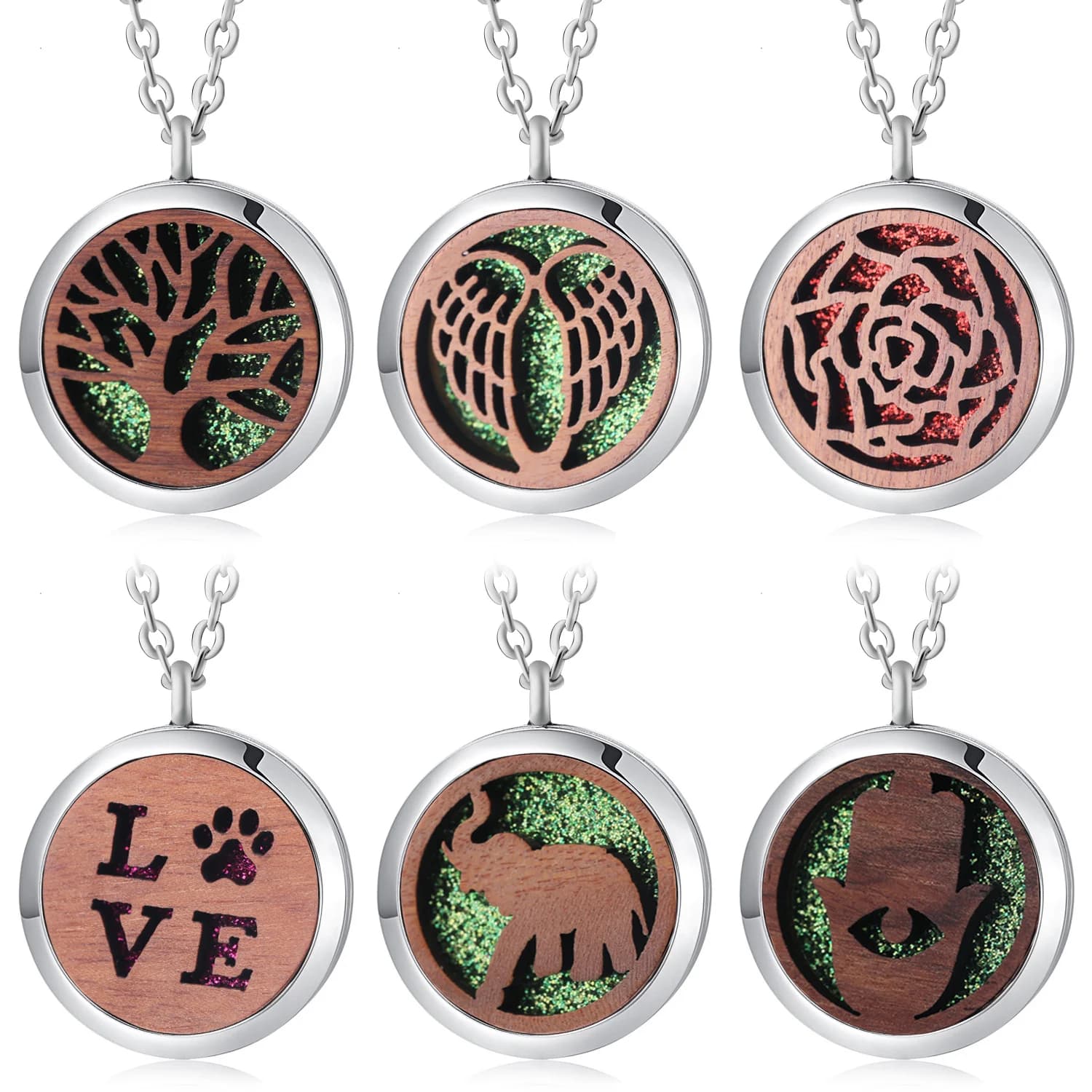 Vintage Wood Tree of Life Aromatherapy Necklace Fashion Essential Oil Diffuser Angel Wings Simple Perfume Locket Pendant Jewelry
