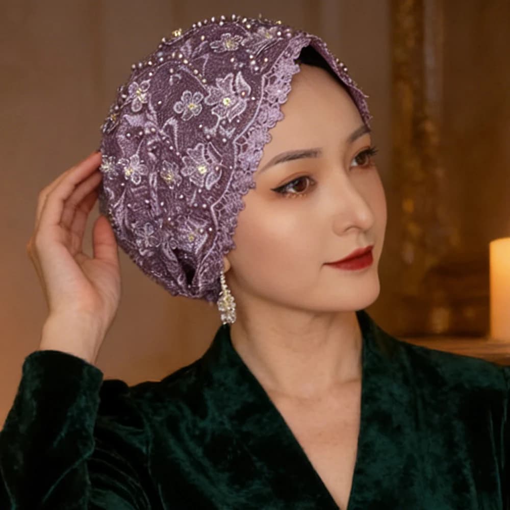 Fashion Women Mesh Lace Bonnet Cap Beaded Muslim Hijab Hat Beanies Hair Loss Headscarf Islam Wedding Party Embroidery Head Wrap