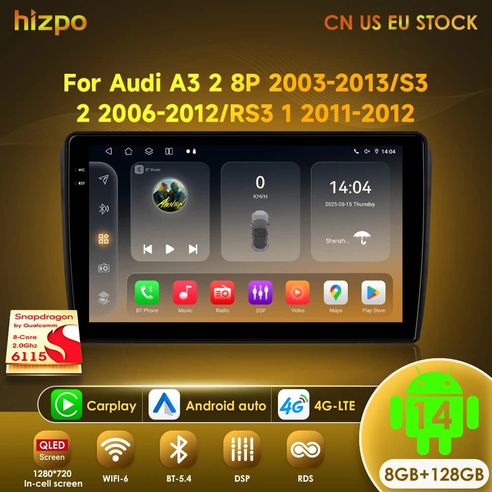 Hizpo Autoradio da 9 pollici 2 Din Android 14 Stereo con schermo per Audi A3 8P 2003-2012 Carplay Sistema intelligente Multimedia Wifi