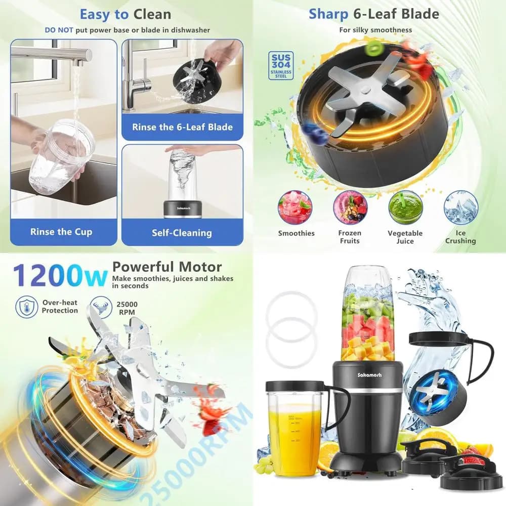 Frullatore Portatile da 12 Pezzi, Potenza 1200W, Sistema a 6 Lame, 2 Bicchieri da Viaggio per Frullati e Altro